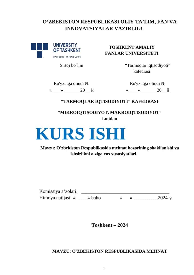 O'zbekiston Respublikasida Mehnat Bozorining Shakllanishi va Ishsizlikni O'ziga Xos Xususiyatlari