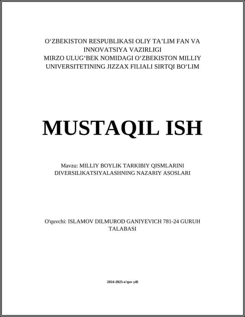 MILLIY BOYLIK TARKIBIY QISMLARINI DIVERSILIKATSIYALASHNING NAZARIY ASOSLARI
