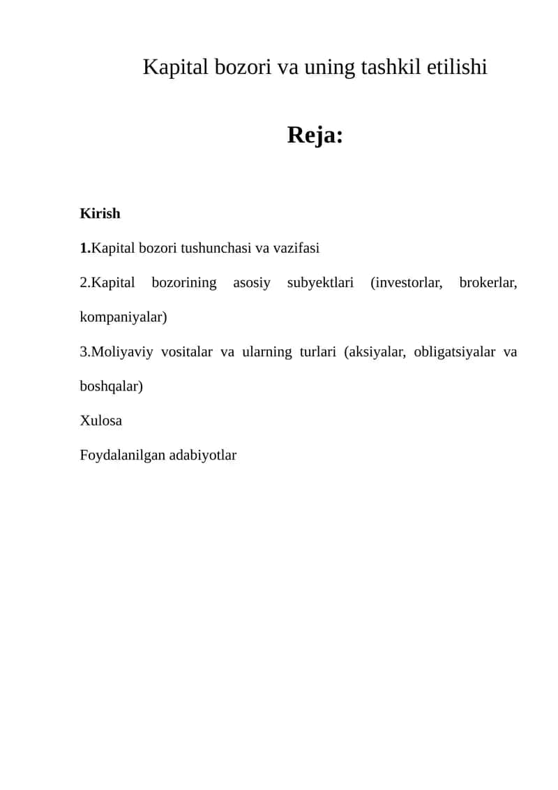 Kapital bozori va uning tashkil etilishi