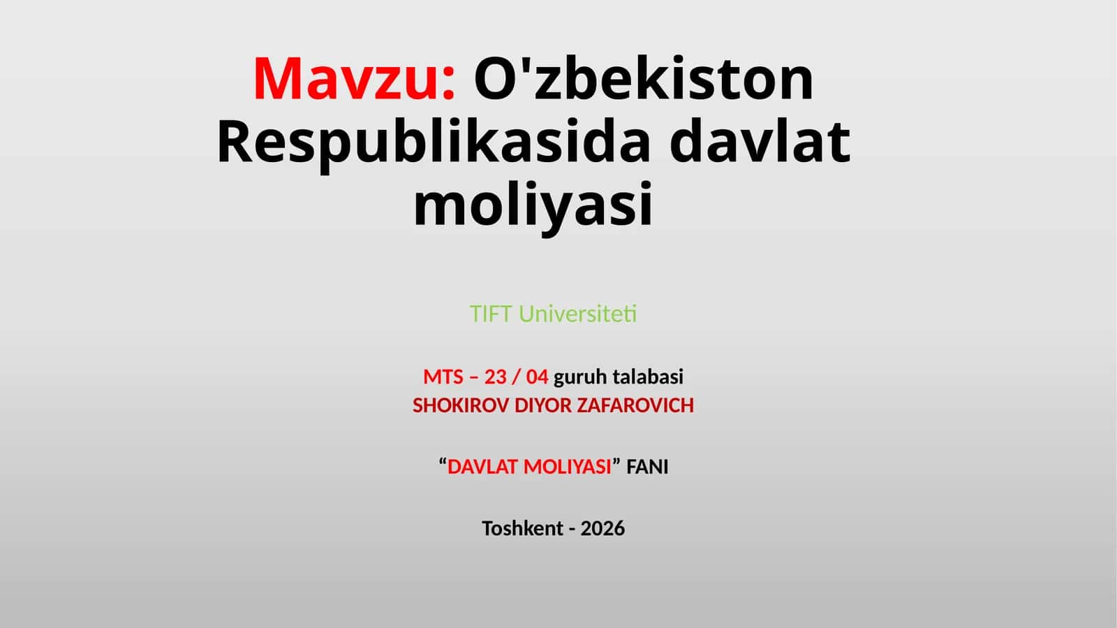 O'zbekiston Respublikasi davlat moliyasi
