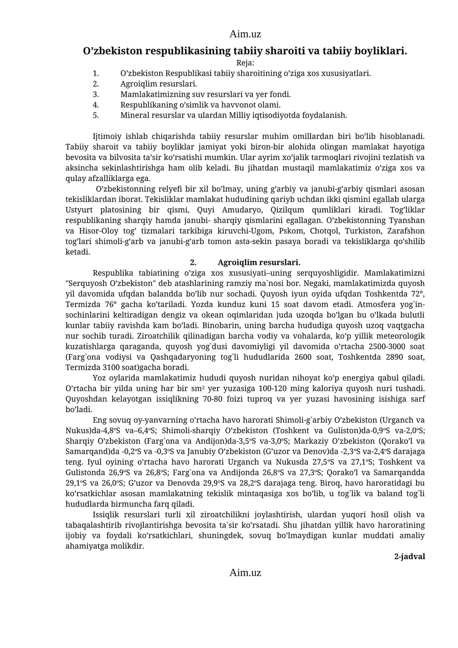 O'zbekiston Respublikasining tabiiy sharoiti va tabiiy boyliklari
