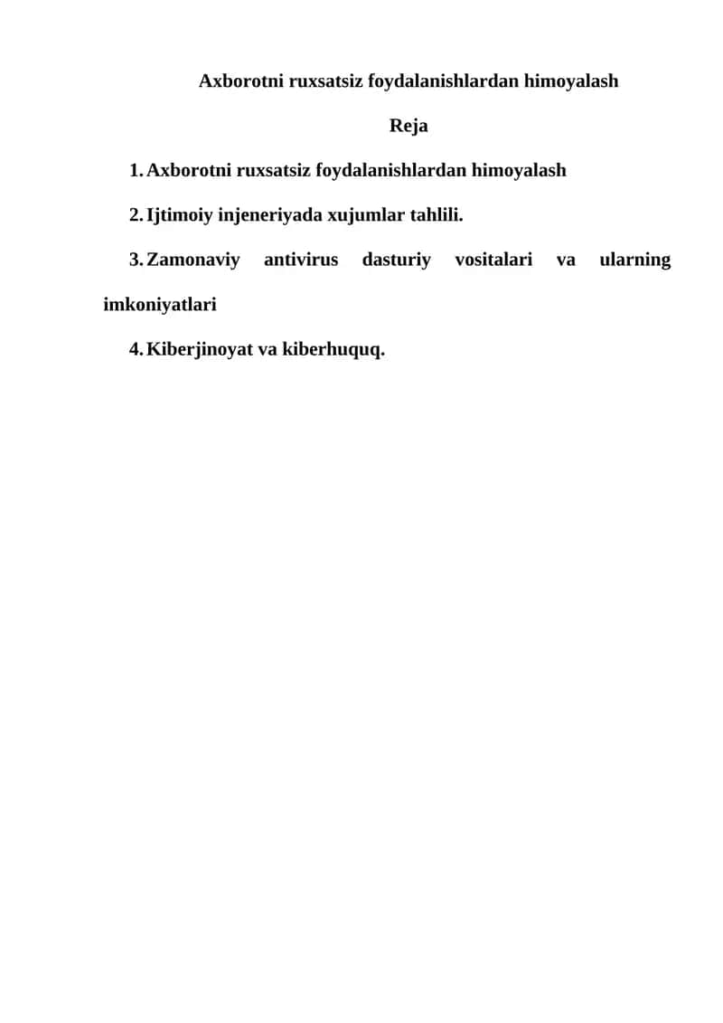 Axborotni ruxsatsiz foydalanishlardan himoyalash