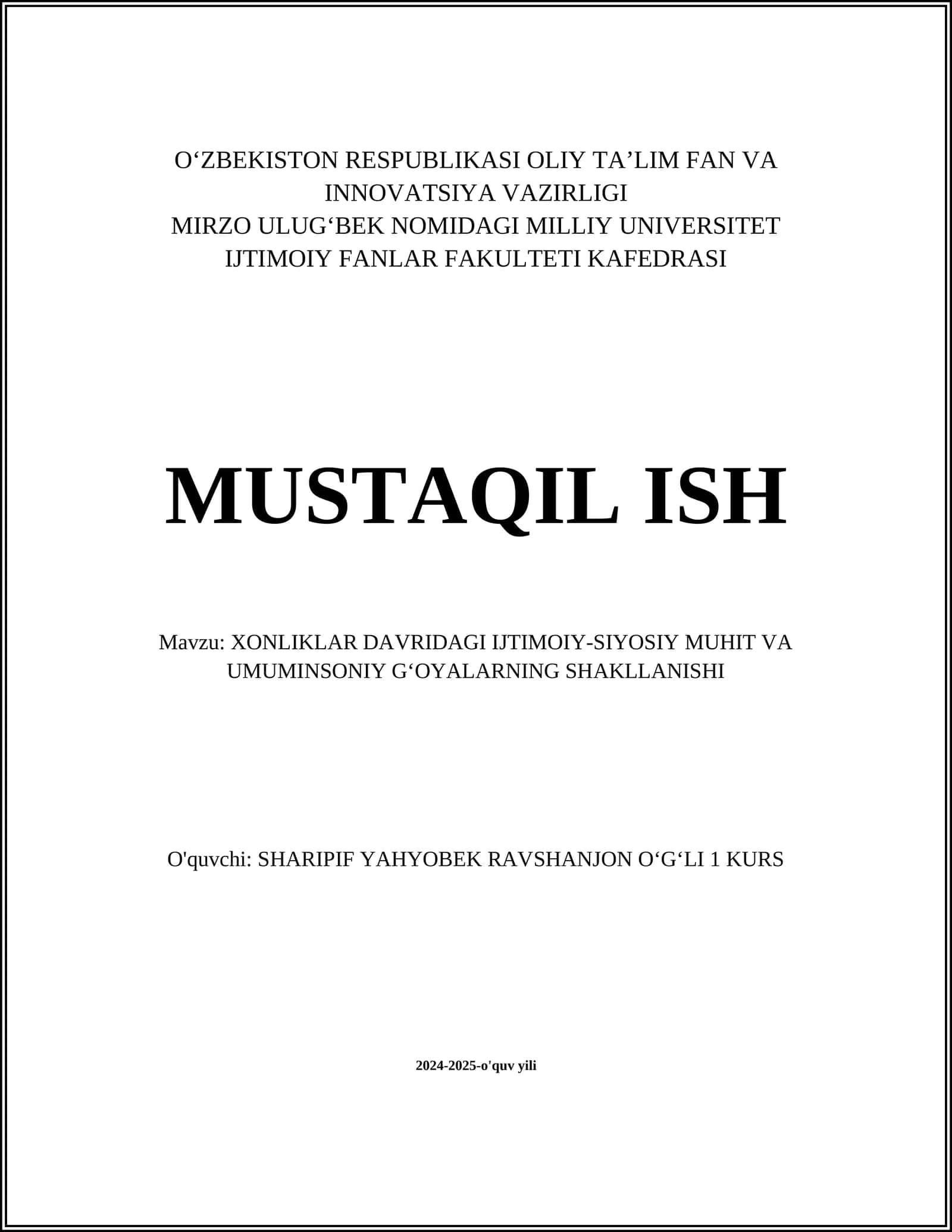 XONLIKLAR DAVRIDAGI IJTIMOIY-SIYOSIY MUHIT VA UMUMINSONIY G‘OYALARNING SHAKLLANISHI