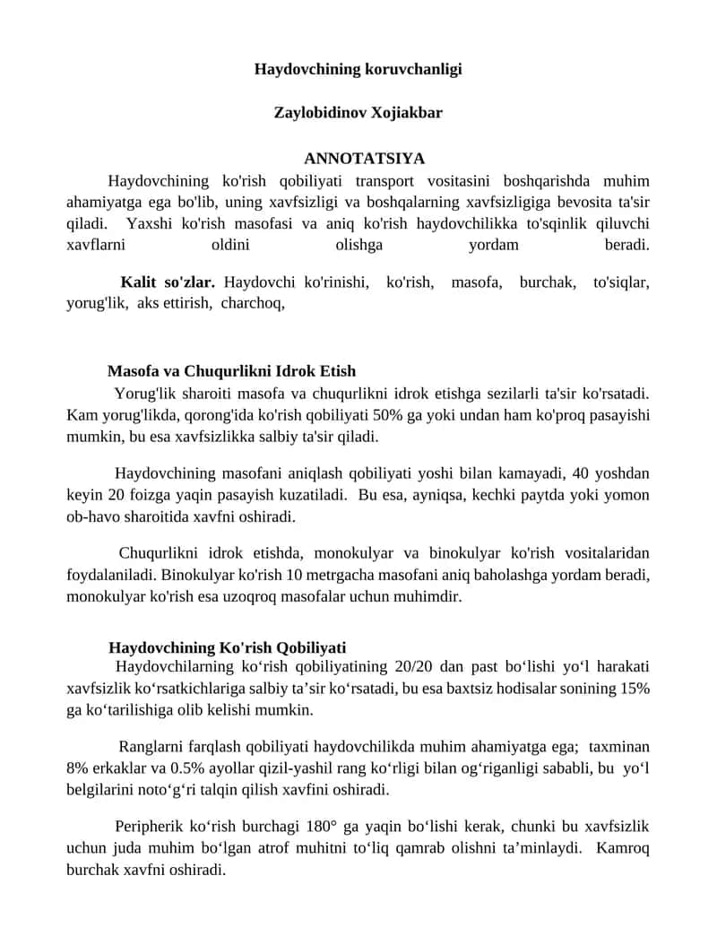Haydovchining koruvchanligi