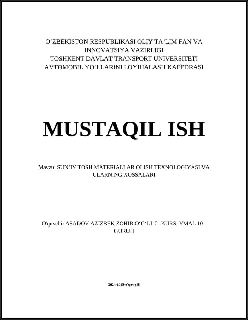 SUNʼIY TOSH MATERIALLAR OLISH TEXNOLOGIYASI VA ULARNING XOSSALARI