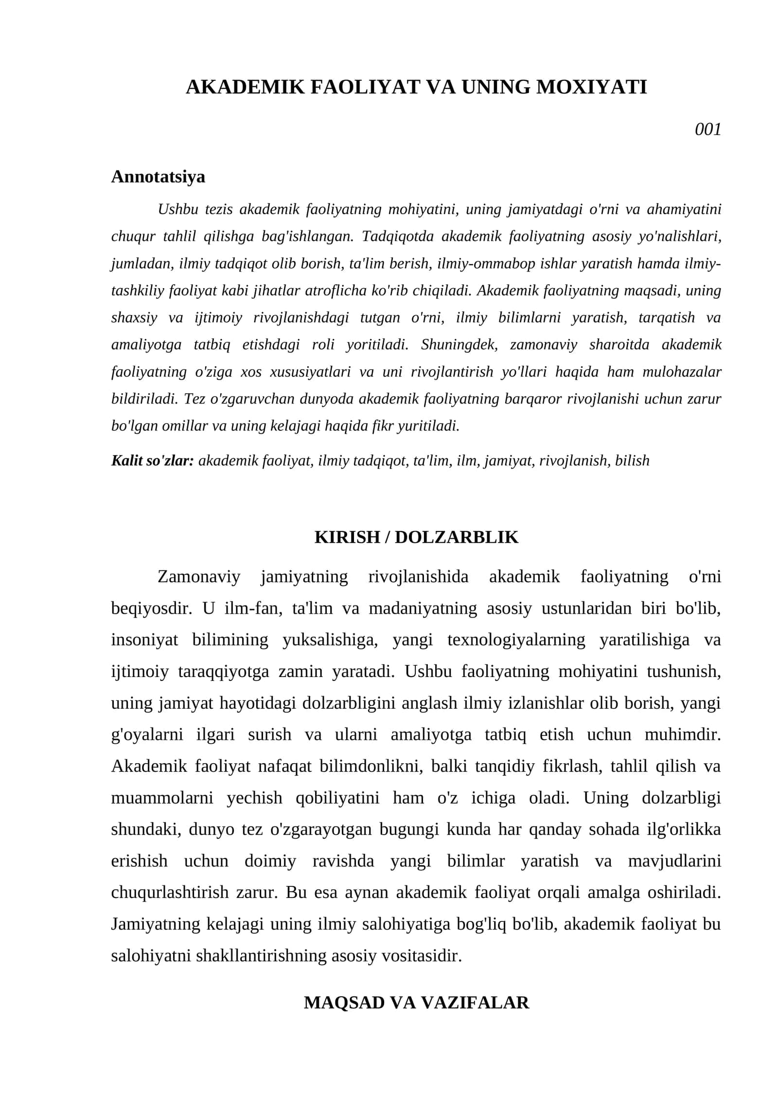 AKADEMIK FAOLIYAT VA UNING MOXIYATI