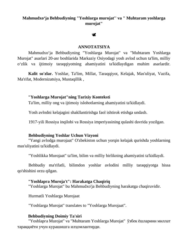 Mahmudxoʻja Behbudiyning "Yoshlarga murojat'' va " Muhtaram yoshlarga murojat"