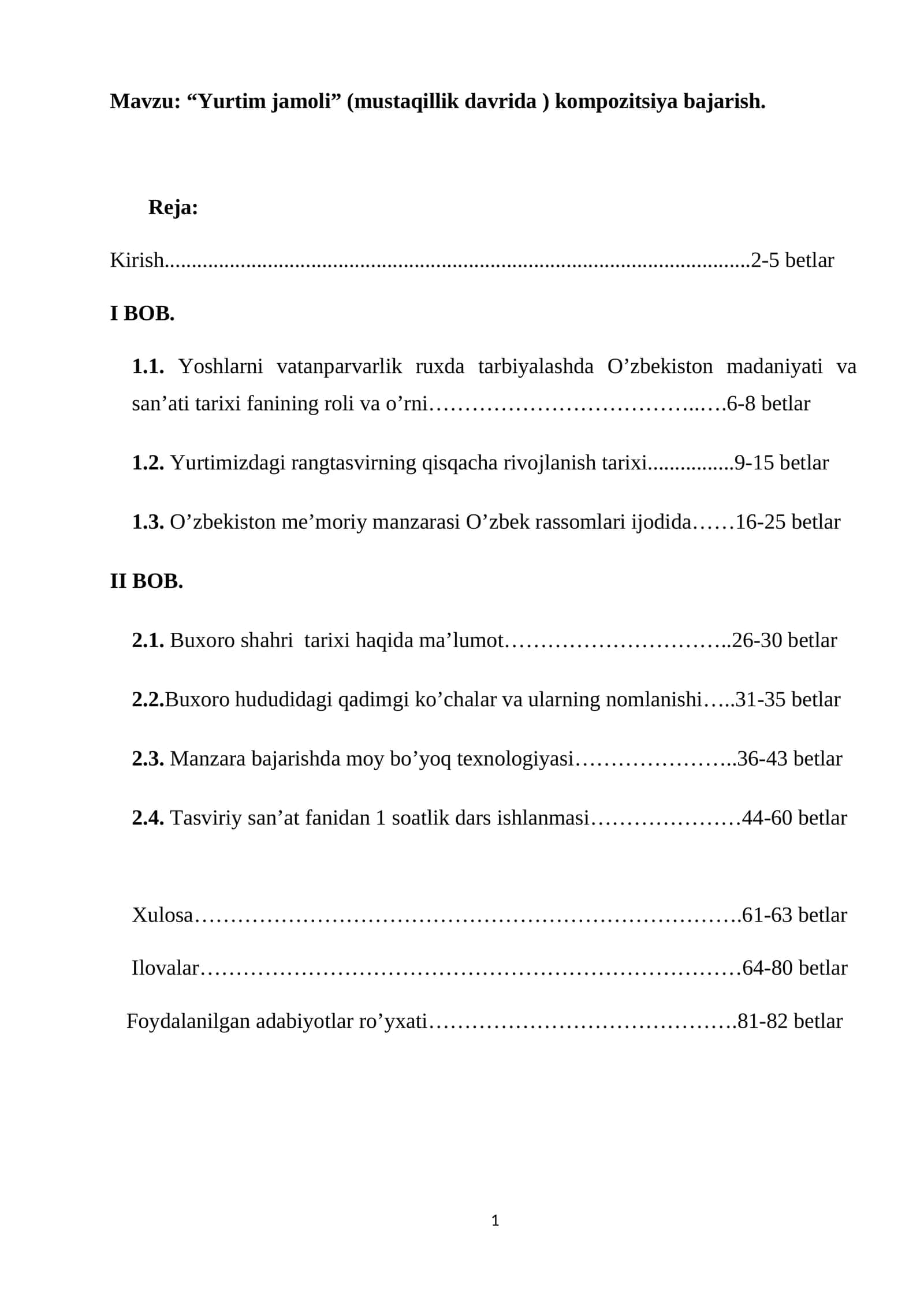 Yurtim jamoli” (mustaqillik davrida ) kompozitsiya bajarish. Diplom ishi. Kurs ishi
