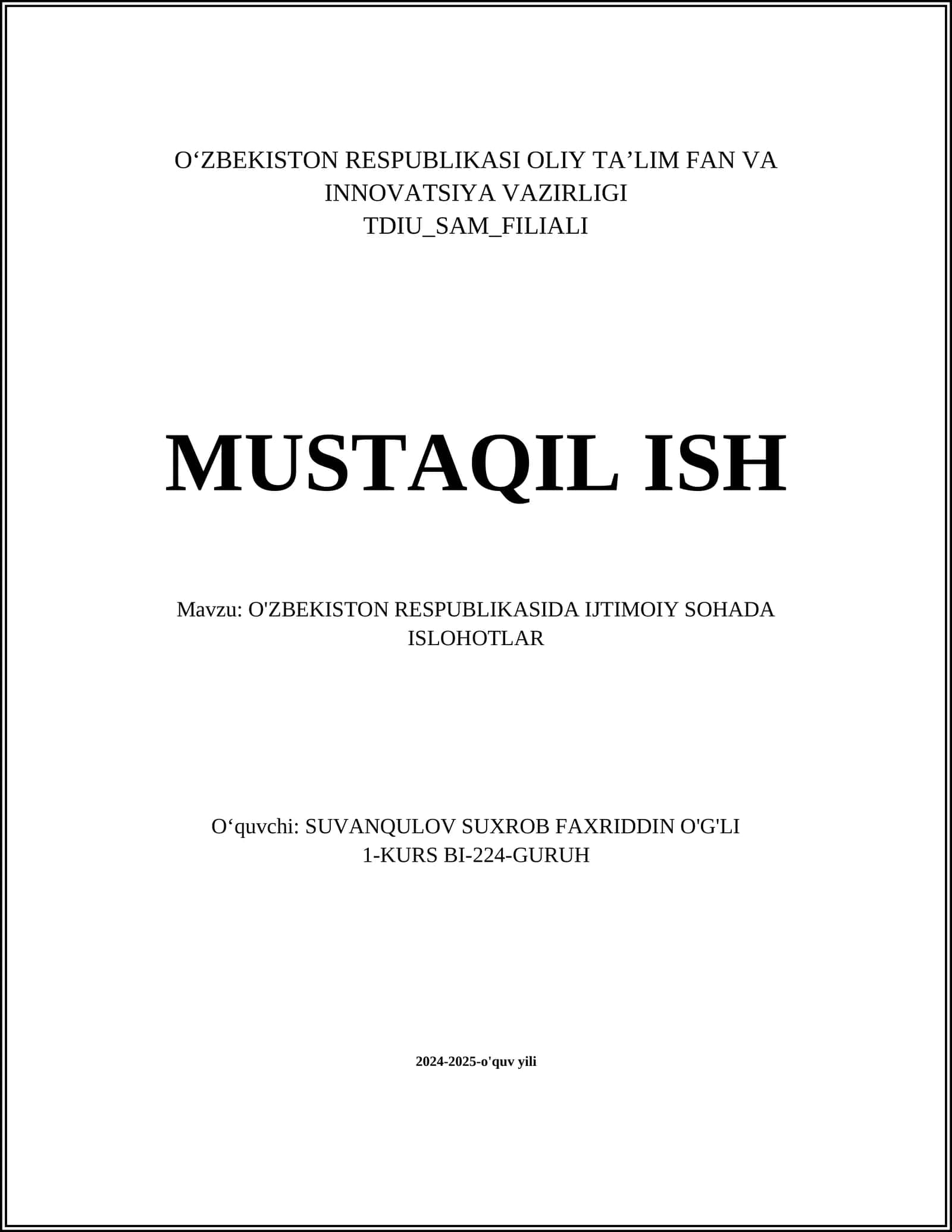 O'ZBEKISTON RESPUBLIKASIDA IJTIMOIY SOHADA ISLOHOTLAR