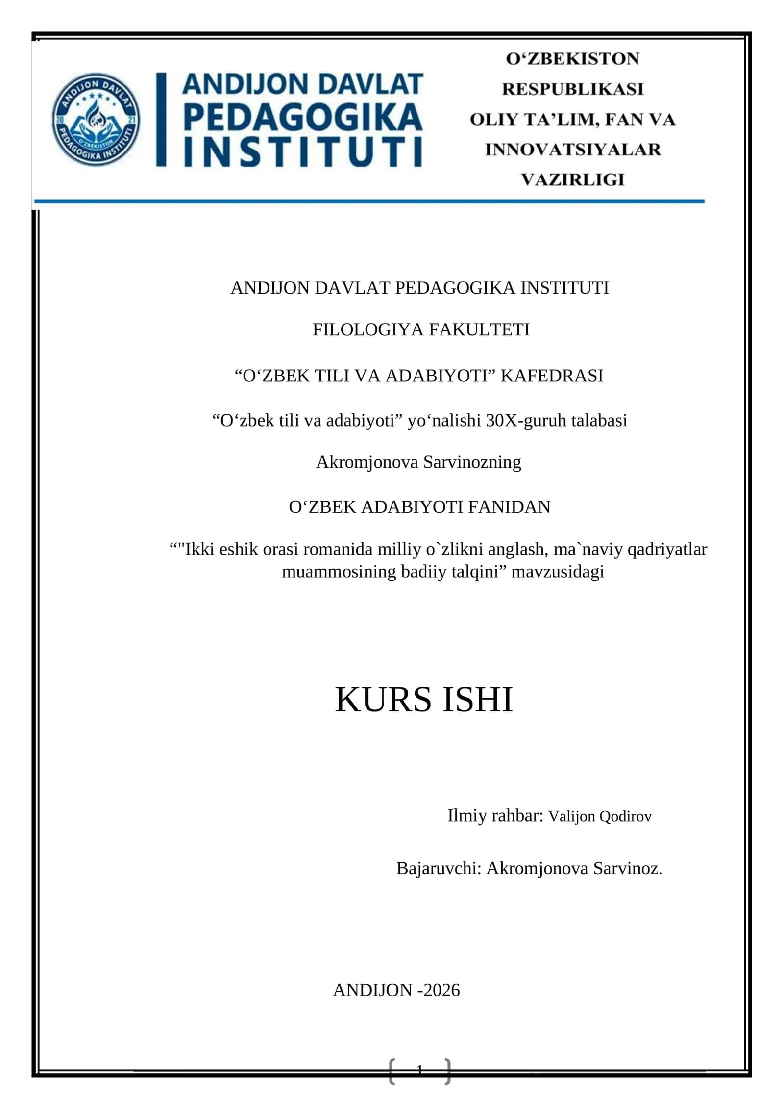 “Ikki eshik orasi romanida milliy o`zlikni anglash, ma`naviy qadriyatlar muammosining badiiy talqini”