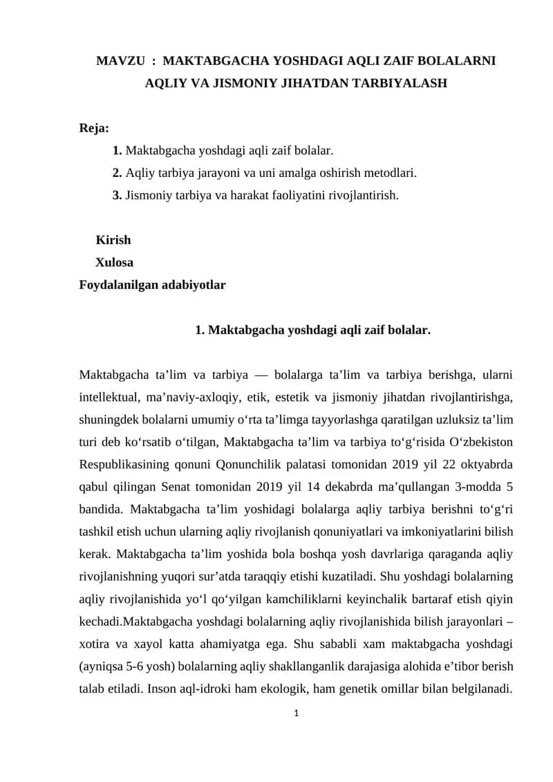MAKTABGACHA YOSHDAGI AQLI ZAIF BOLALARNI AQLIY VA JISMONIY JIHATDAN TARBIYALASH