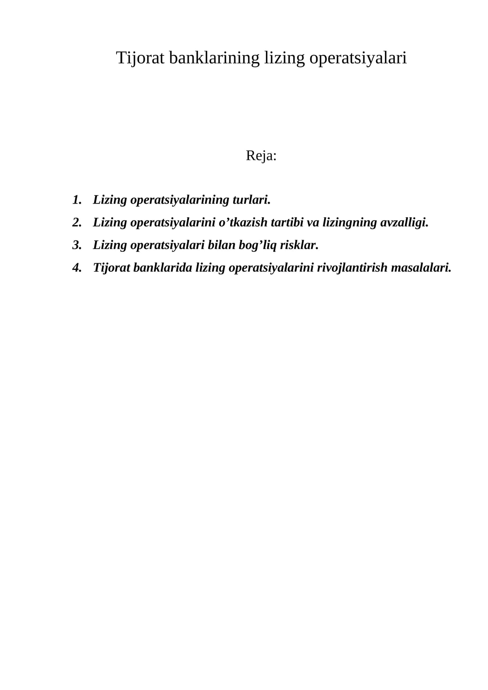 Tijorat banklarining lizing operatsiyalari
