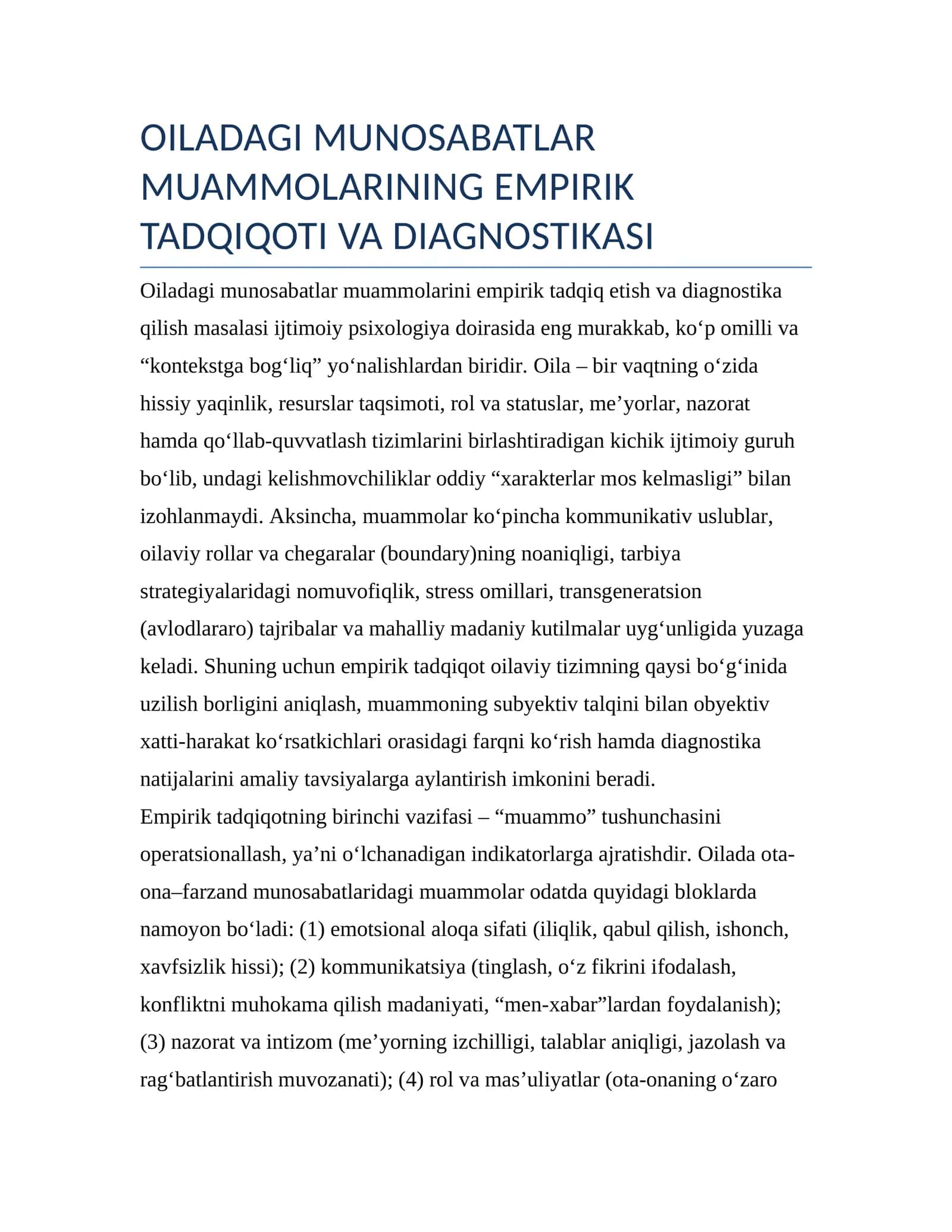 OILADAGI MUNOSABATLAR MUAMMOLARINING EMPIRIK TADQIQOTI VA DIAGNOSTIKASI