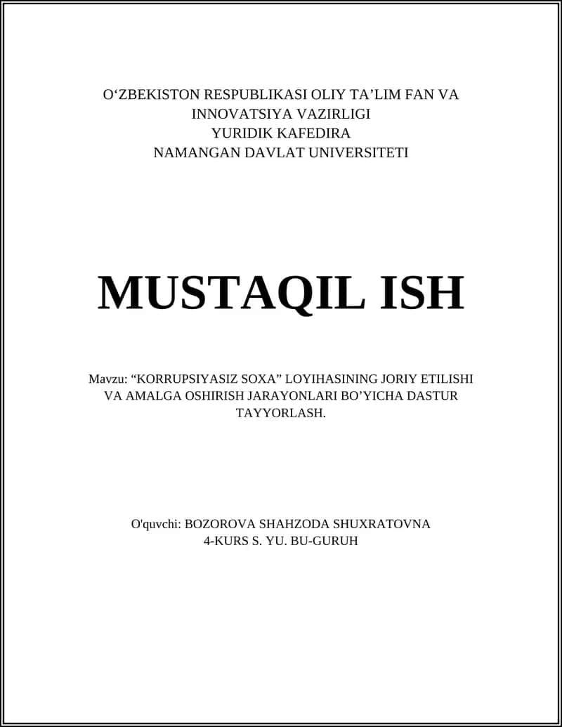 "KORRUPSIYASIZ SOXA" LOYIHASINING JORIY ETILISHI VA AMALGA OSHIRISH JARAYONLARI BO’YICHA DASTUR TAYYORLASH