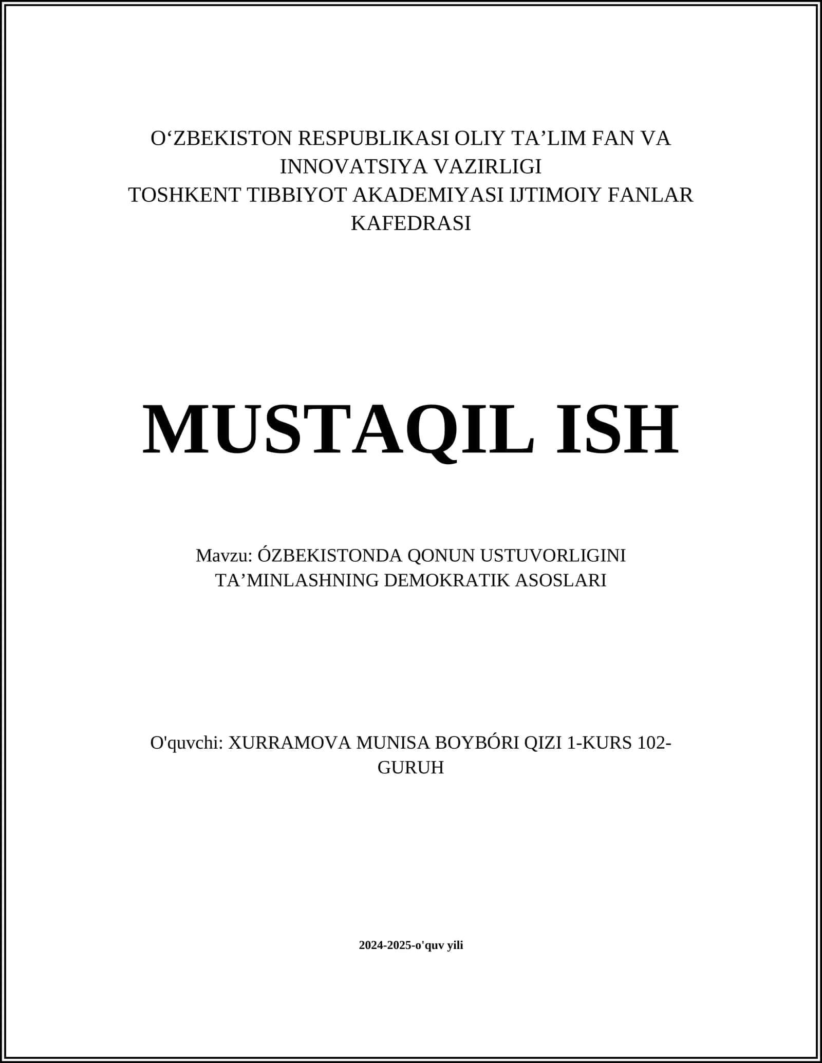 ÓZBEKISTONDA QONUN USTUVORLIGINI TAʼMINLASHNING DEMOKRATIK ASOSLARI