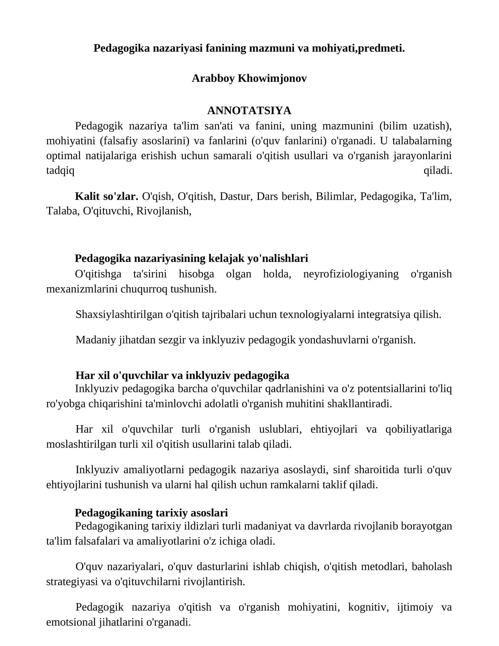 Pedagogika nazariyasi fanining mazmuni va mohiyati,predmeti