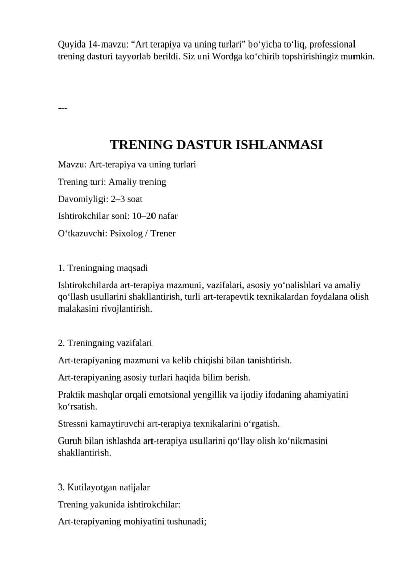 TRENING DASTUR ISHLANMASI