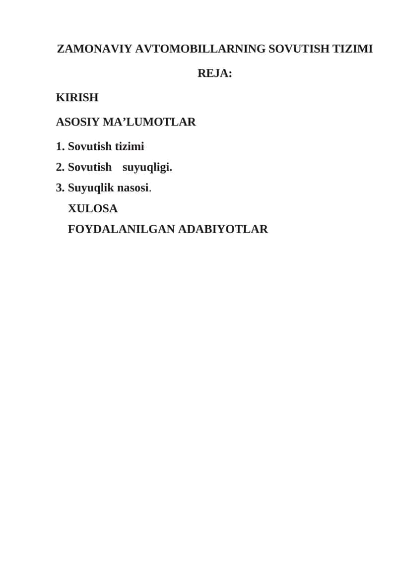 ZAMONAVIY AVTOMOBILLARNING SOVUTISH TIZIMI