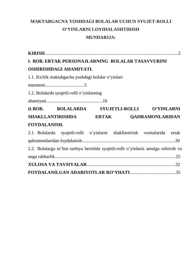 MAKTABGACNA YOSHDAGI BOLALAR UCHUN SYUJET-ROLLI O‘YINLARNI LOYIHALASHTIRISH