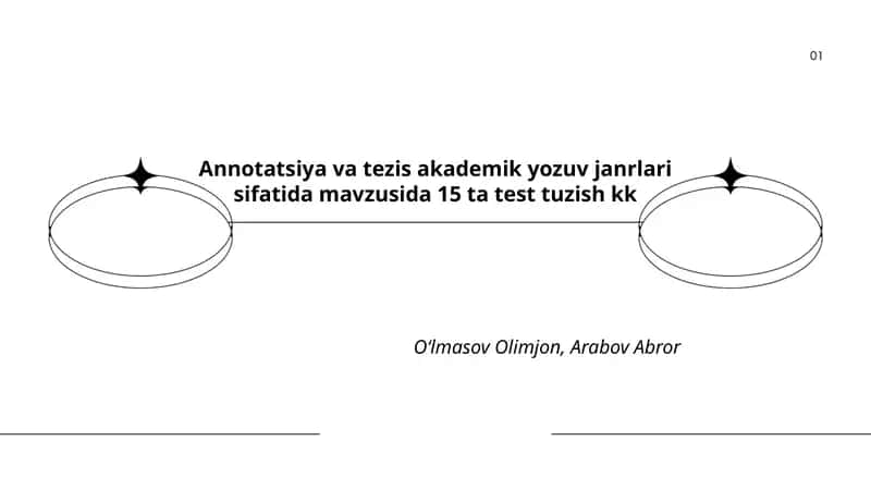 Annotatsiya va tezis akademik yozuv janrlari sifatida mavzusida 15 ta test tuzish kk