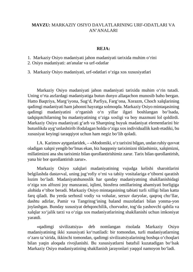 MARKAZIY OSIYO DAVLATLARINING URF-ODATLARI VA AN’ANALARI