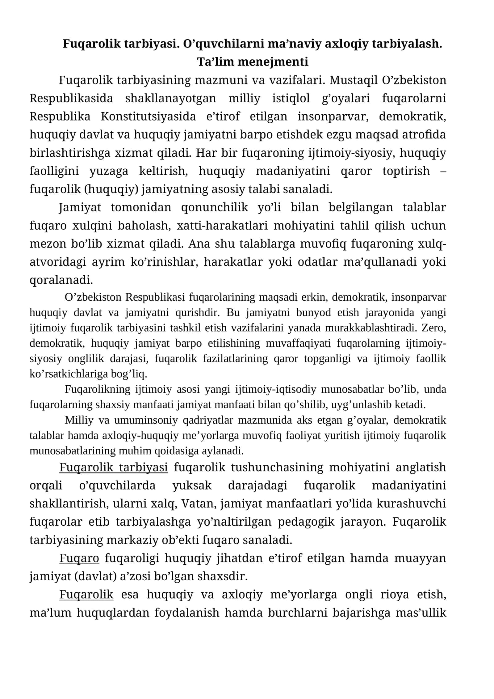 Fuqarolik tarbiyasi. O'quvchilarni ma'naviy axloqiy tarbiyalash