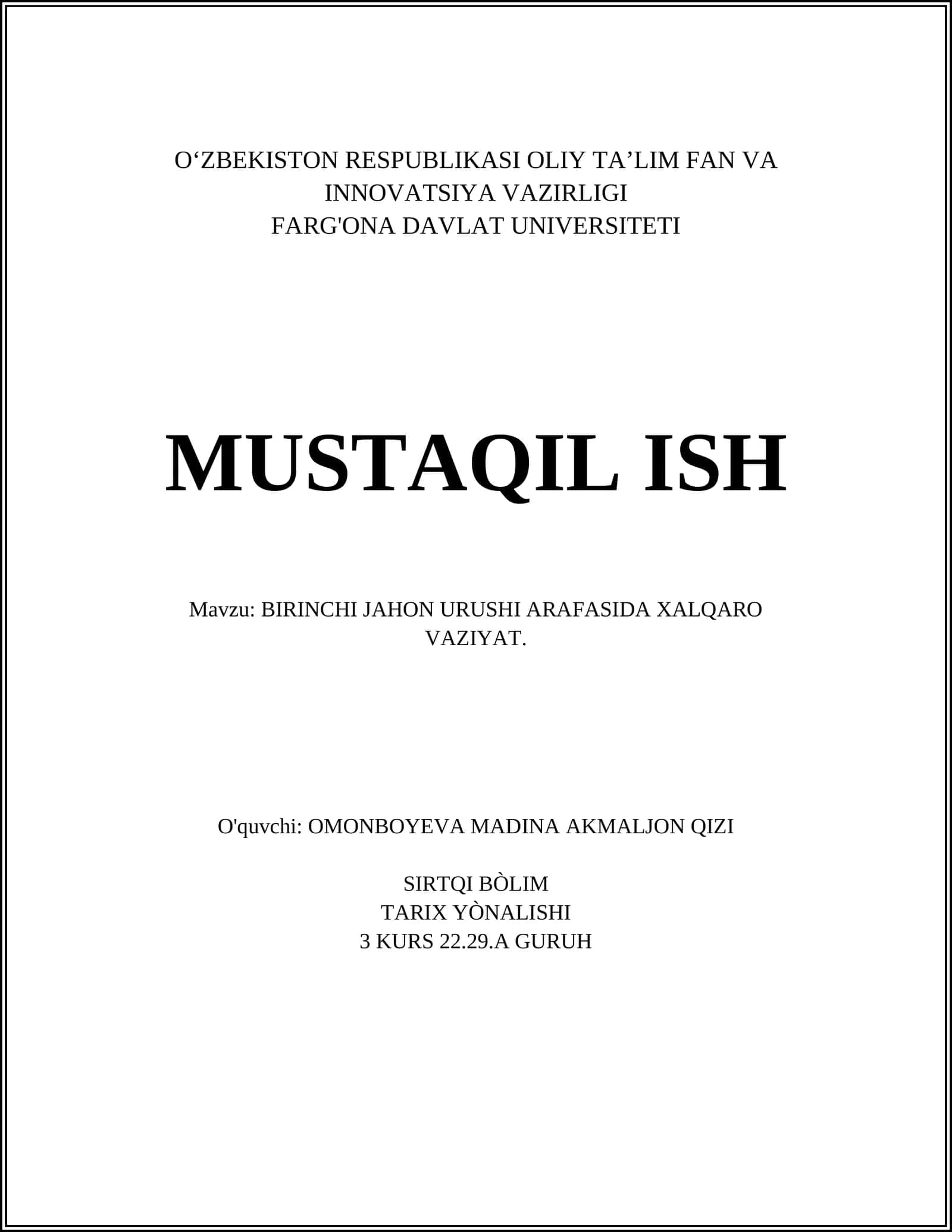 BIRINCHI JAHON URUSHI ARAFASIDA XALQARO VAZIYAT