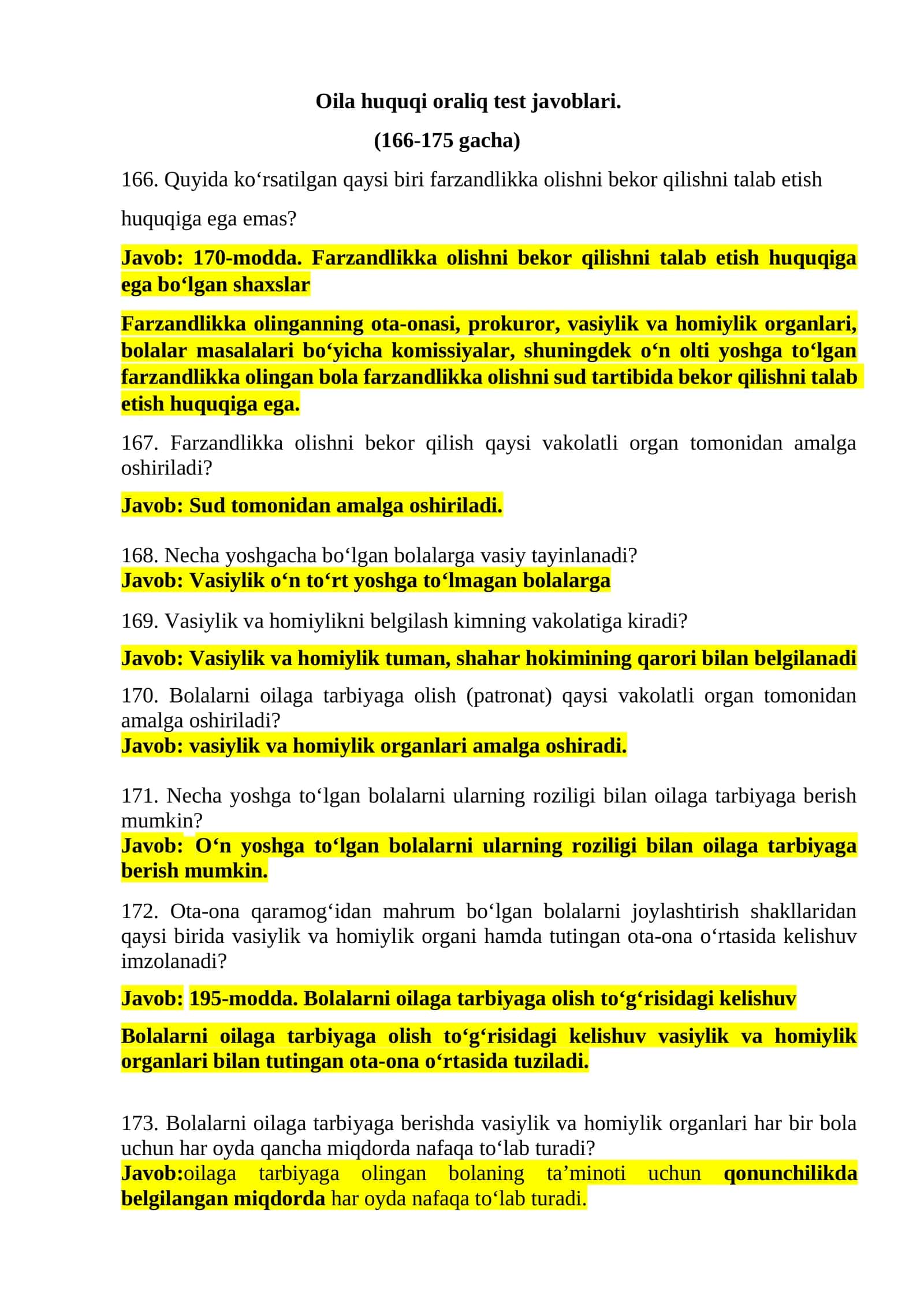 Oila huquqi oraliq test javoblari