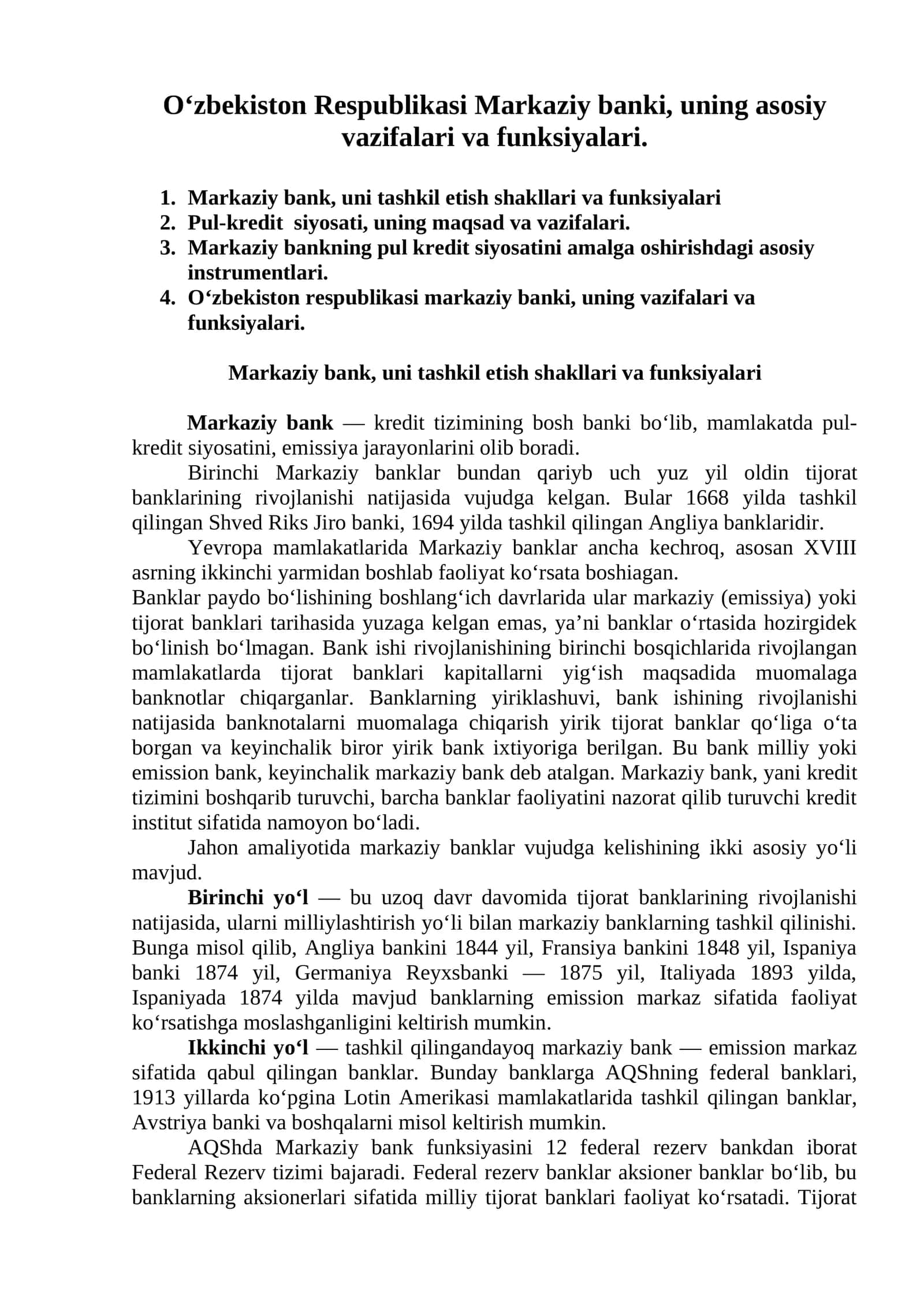 O‘zbekiston Respublikasi Markaziy banki, uning asosiy vazifalari va funksiyalari