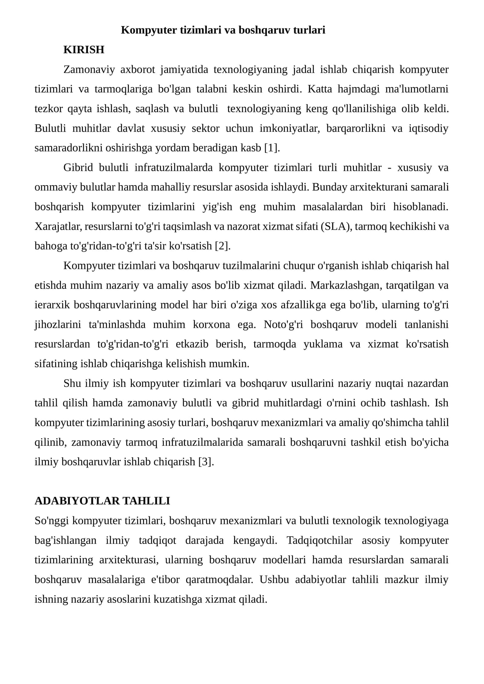 Kompyuter tizimlari va boshqaruv turlari