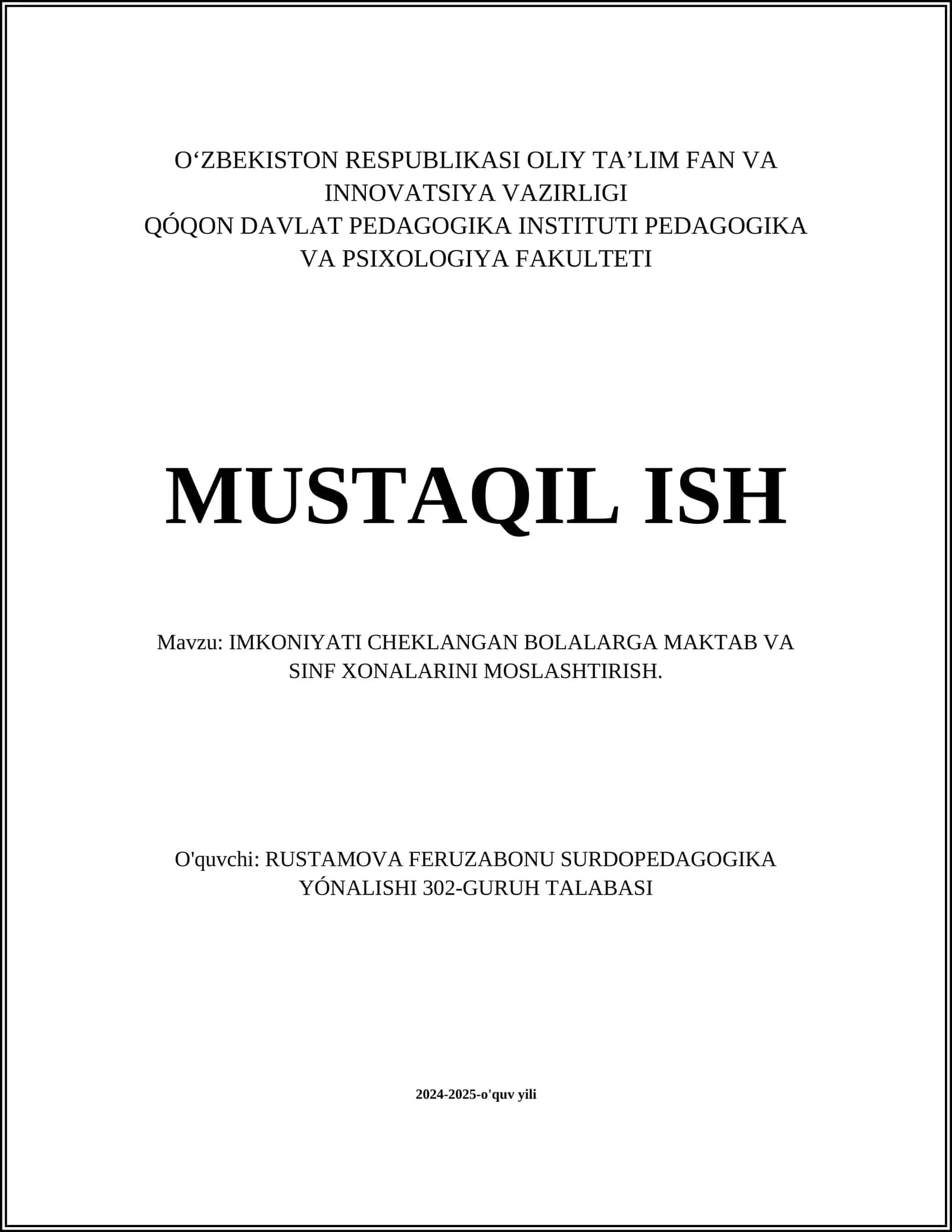 IMKONIYATI CHEKLANGAN BOLALARGA MAKTAB VA SINF XONALARINI MOSLASHTIRISH