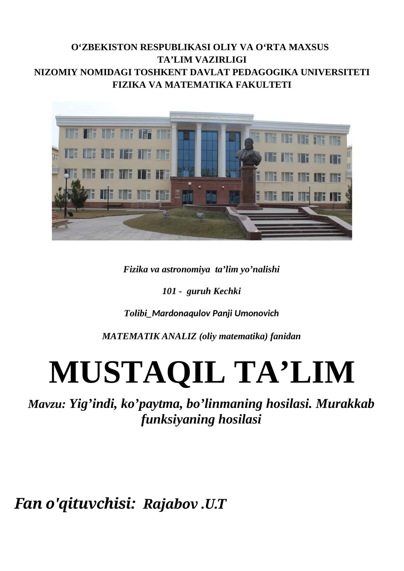 Yig’indi, ko’paytma, bo’linmaning hosilasi. Murakkab funksiyaning hosilasi