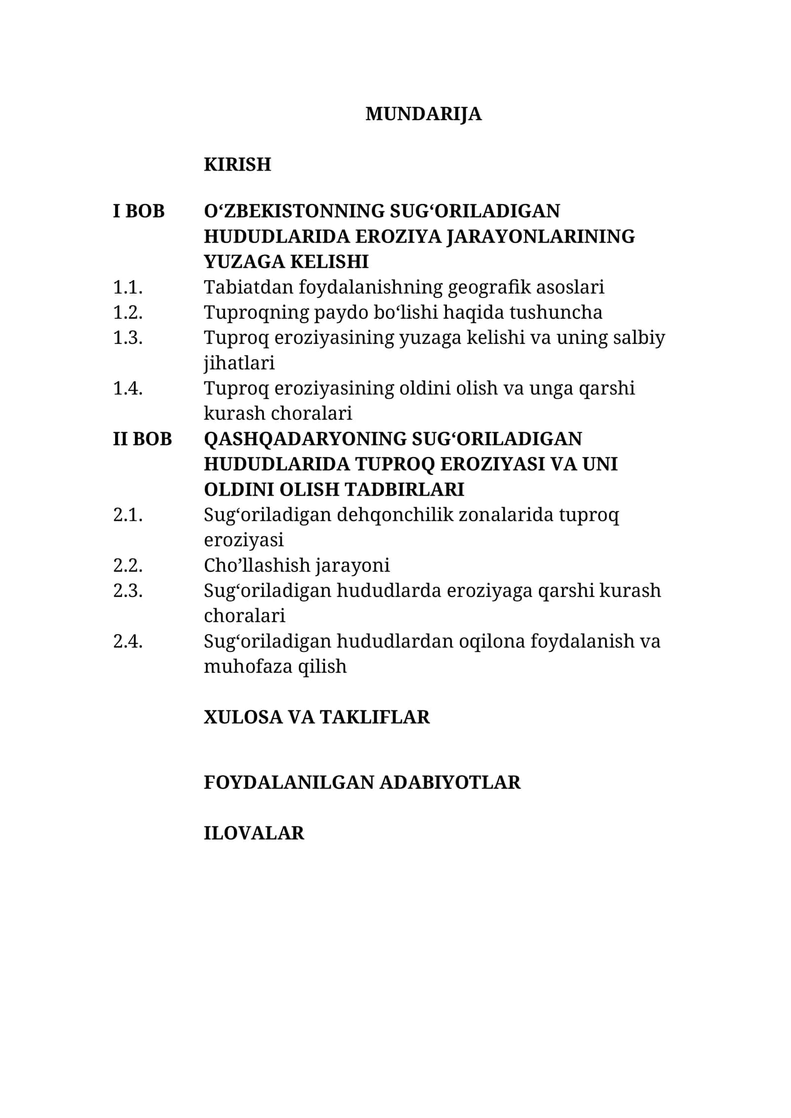 О‘ZBEKISTONNING SUG‘ORILADIGAN HUDUDLARIDA EROZIYA JARAYONLARINING YUZAGA KELISHI