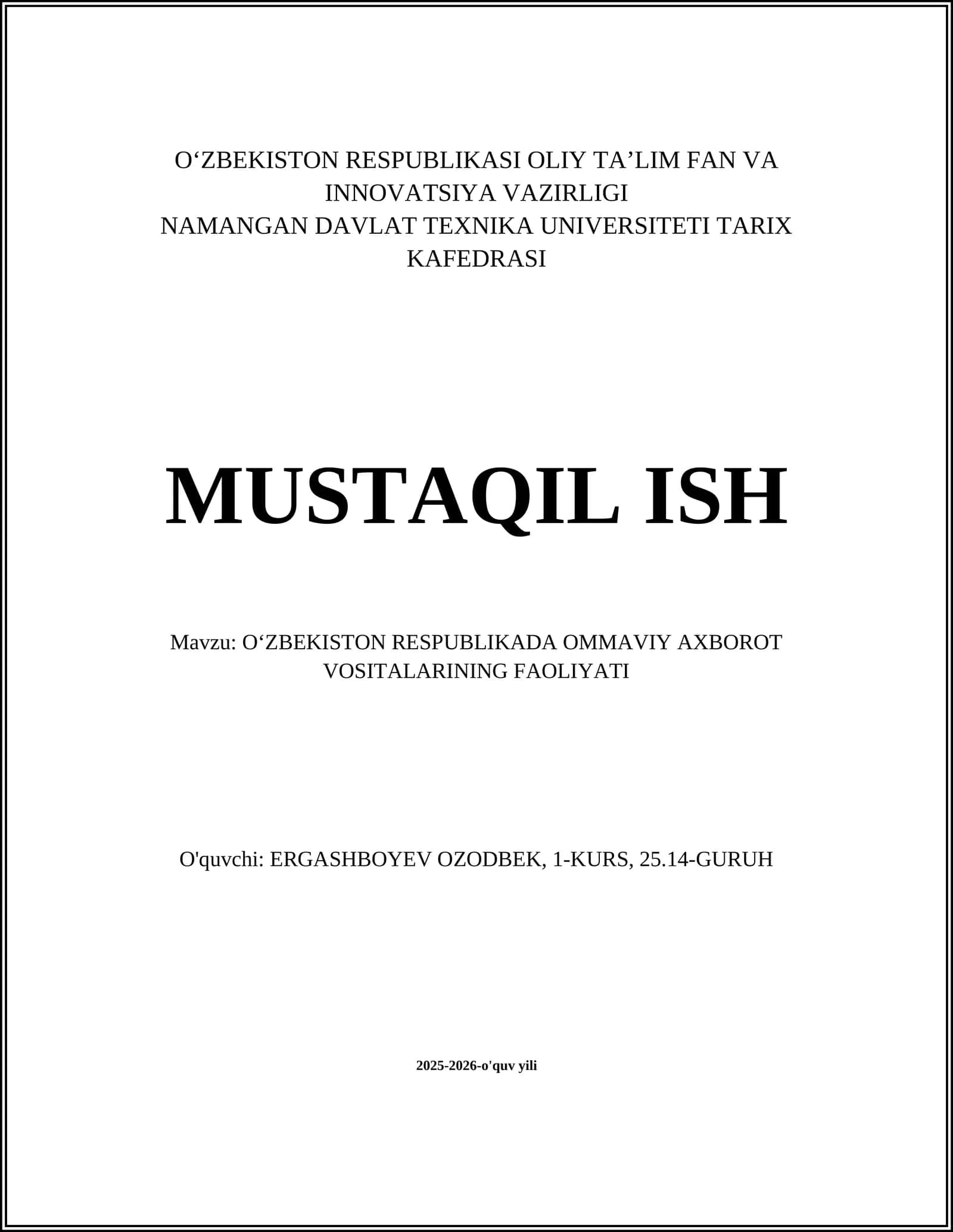 O'ZBEKISTON RESPUBLIKADA OMMAVIY AXBOROT VOSITALARINING FAOLIYATI