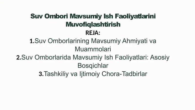 Suv Ombori Mavsumiy Ish Faoliyatlarini Muvofiqlashtirish
