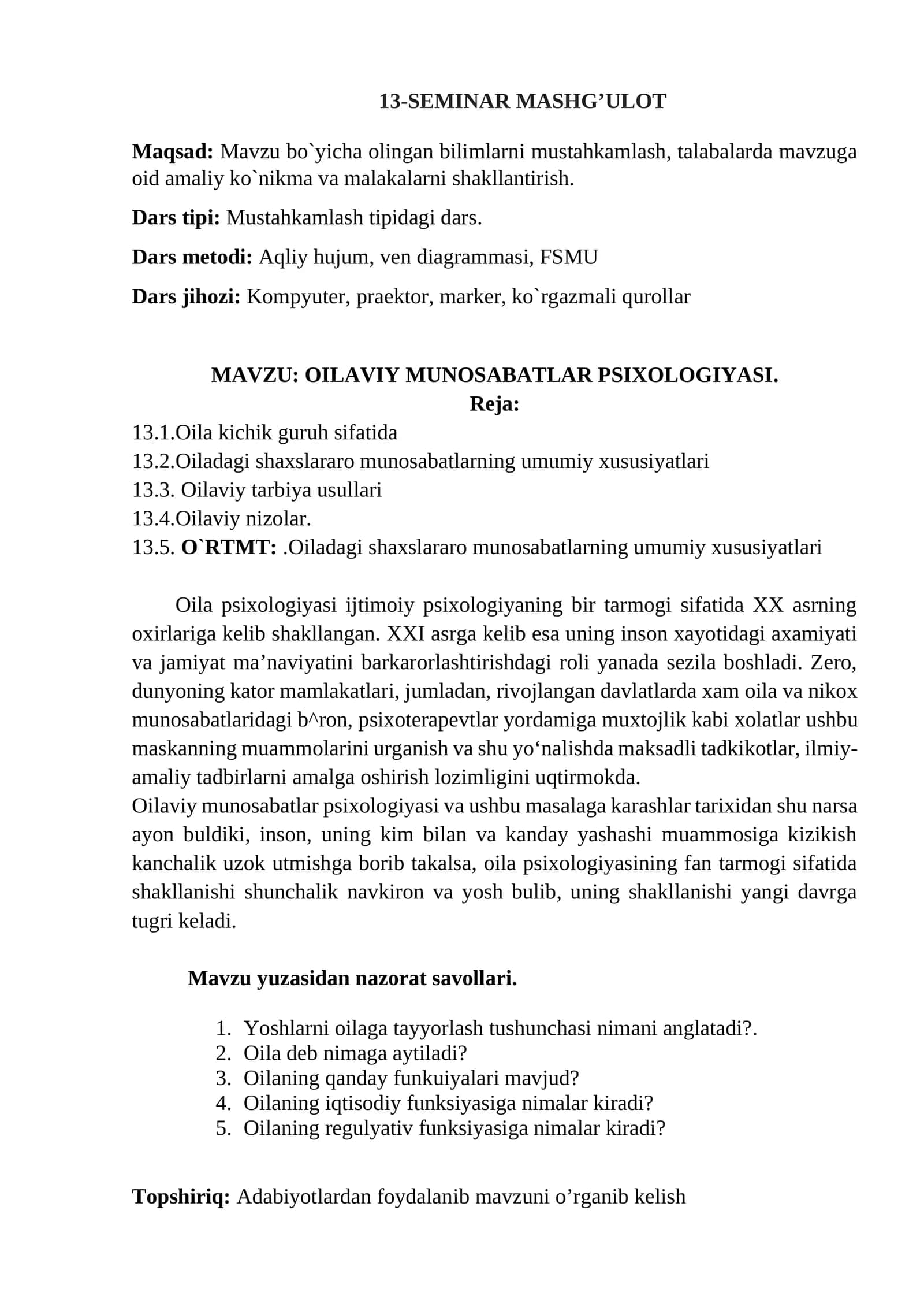 OILAVIY MUNOSABATLAR PSIXOLOGIYASI