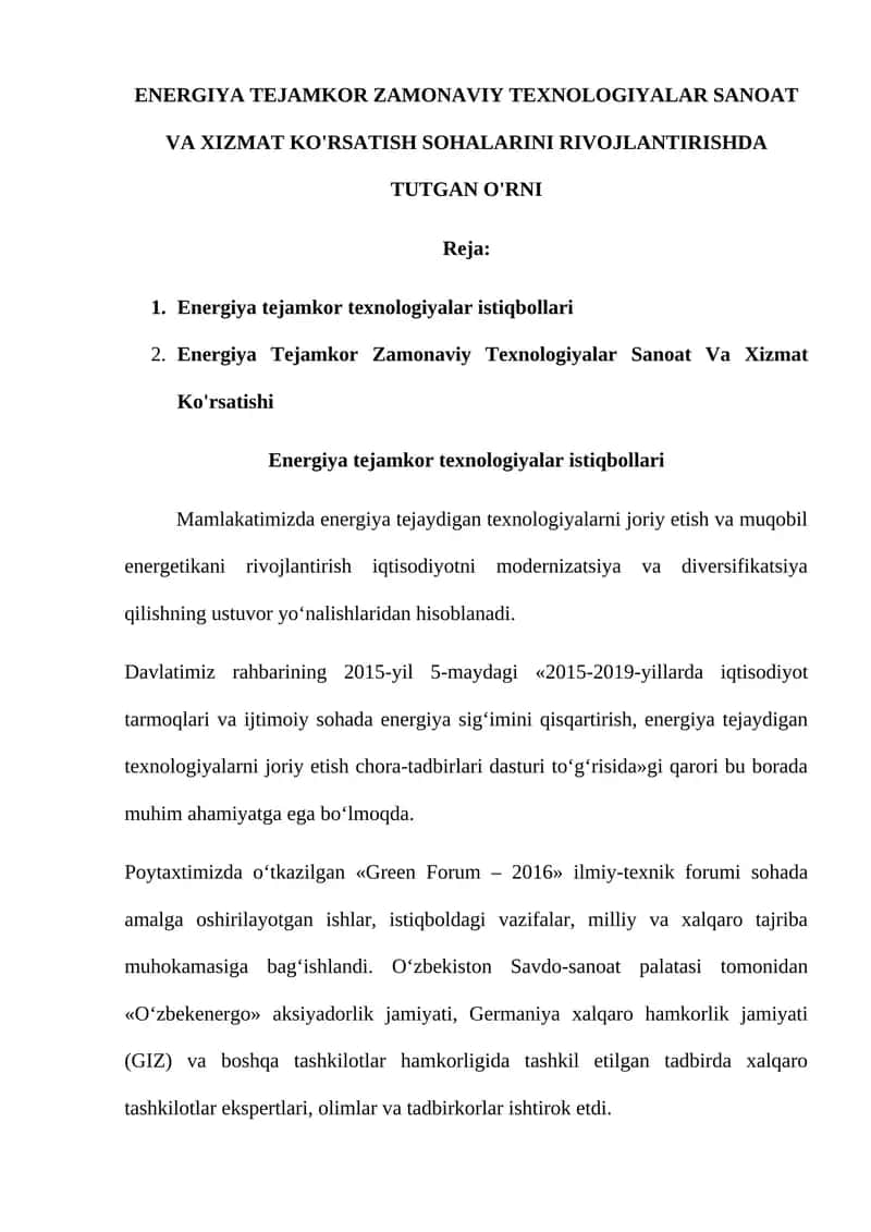 Energiya Tejamkor Zamonaviy Texnologiyalar Sanoat Va Xizmat Ko'rsatish