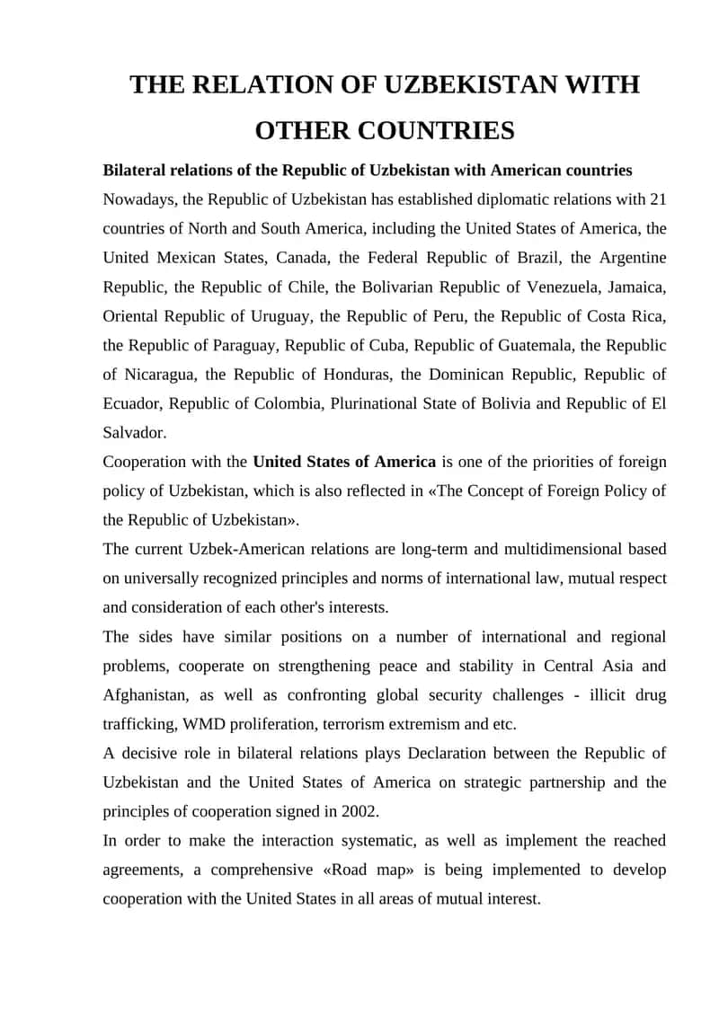 The Relation of Uzbekistan with Other Countries