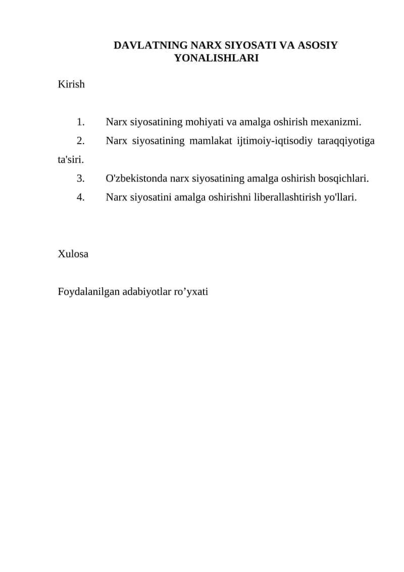 DAVLATNING NARX SIYOSATI VA ASOSIY YONALISHLARI