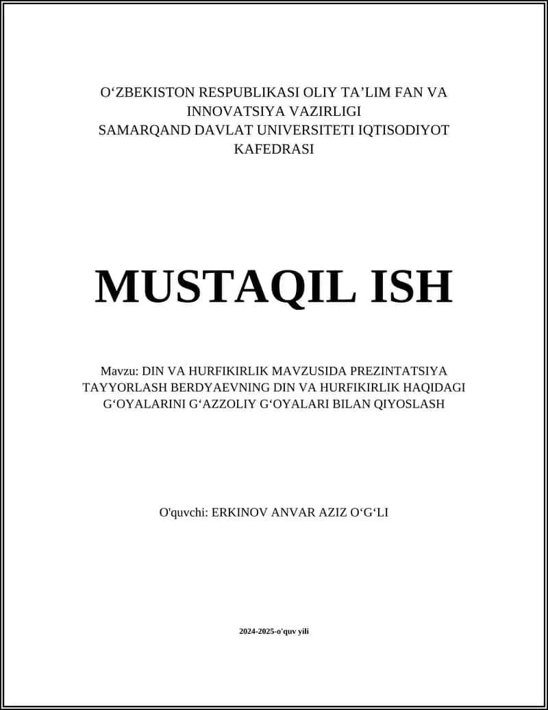 Berdyayevning Din va Hurfikirlik Mavzusida Prezentatsiya Tayyorlash
