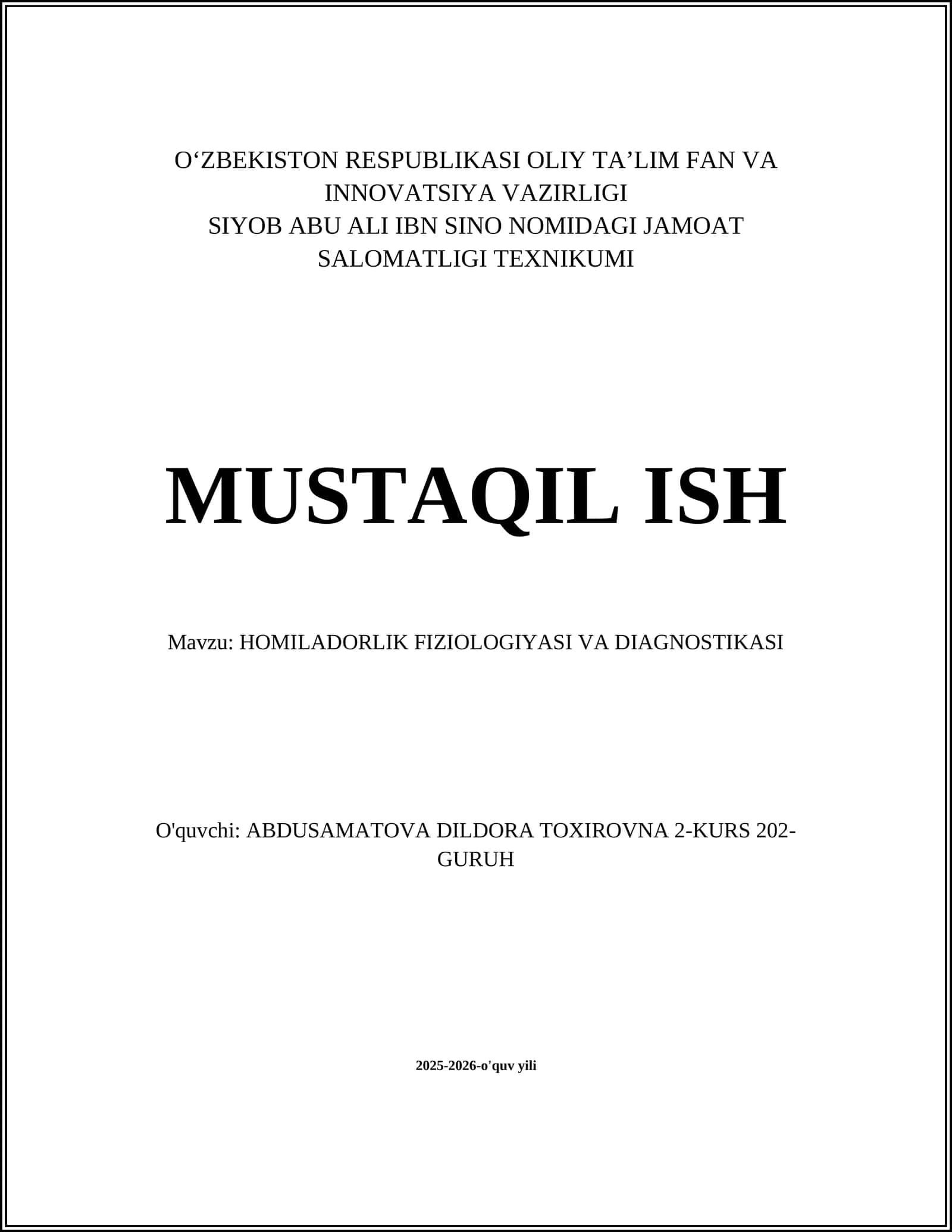 HOMILADORLIK FIZIOLOGIYASI VA DIAGNOSTIKASI