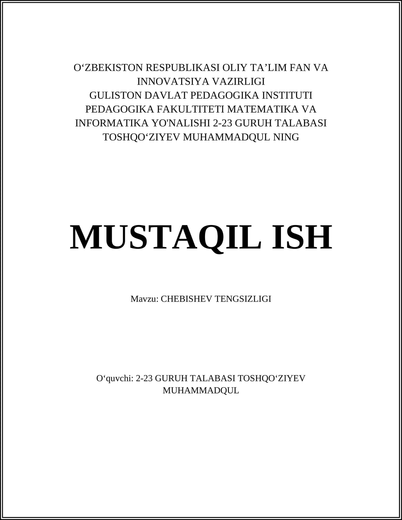 CHEBISHEV TENGSIZLIGI