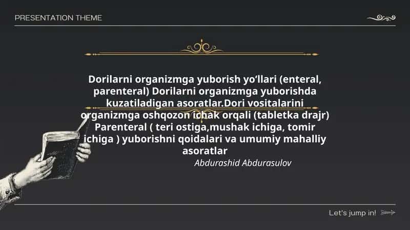 Dorilarni organizmga yuborish yoʻllari (enteral, parenteral) Dorilarni organizmga yuborishda kuzatiladigan asoratlar.Dori vositalarini organizmga oshqozon ichak orqali (tabletka drajr) Parenteral ( teri ostiga,mushak ichiga, tomir ichiga ) yuborishni qoidalari va umumiy mahalliy asoratlar