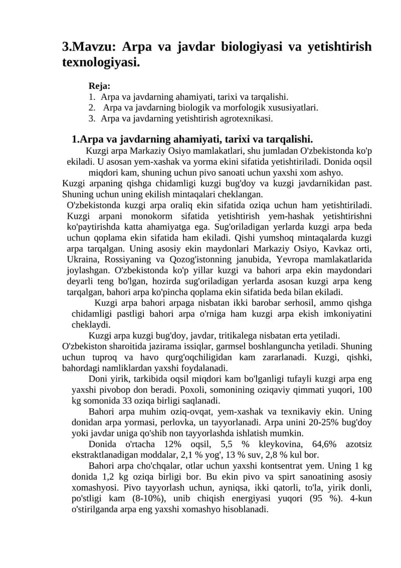 Kuzgi arpa yetishtirish texnologiyasi