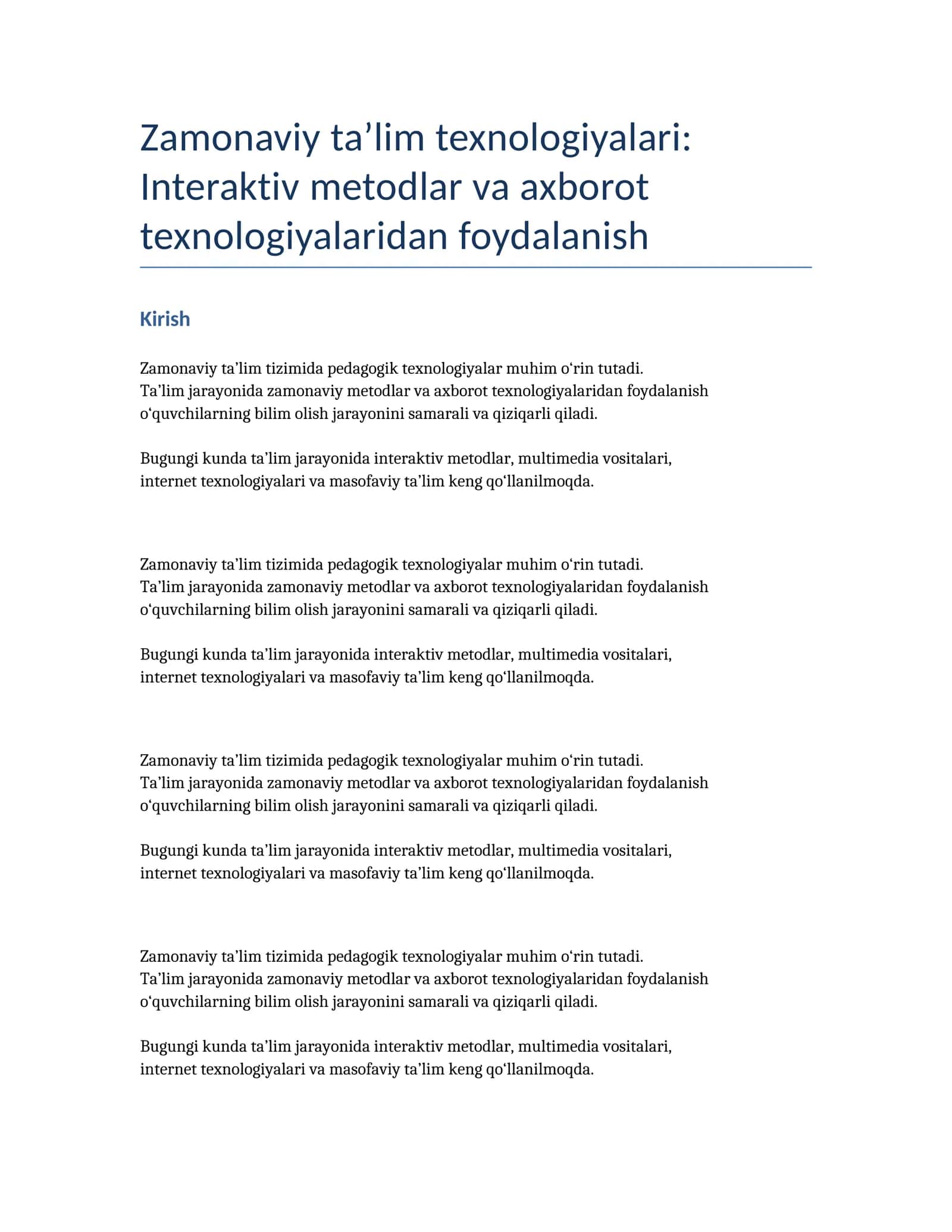 Zamonaviy ta’lim texnologiyalari: Interaktiv metodlar va axborot texnologiyalaridan foydalanish