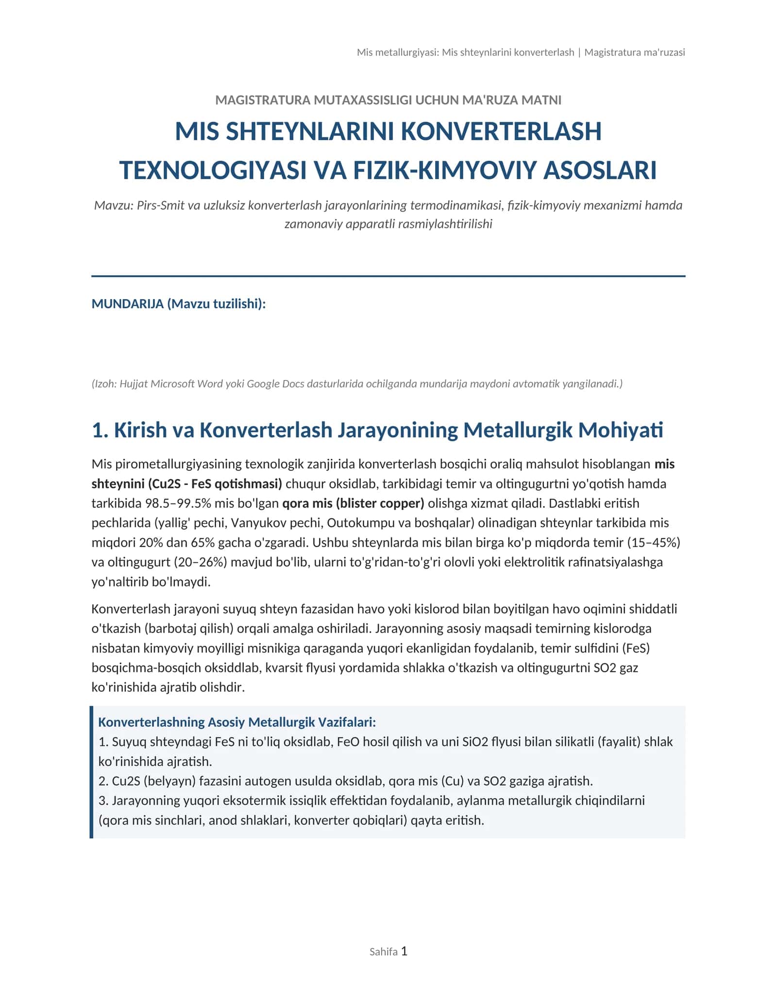 Mis metallurgiyasi: Mis shteynlarini konverterlash | Magistratura ma'ruzasi