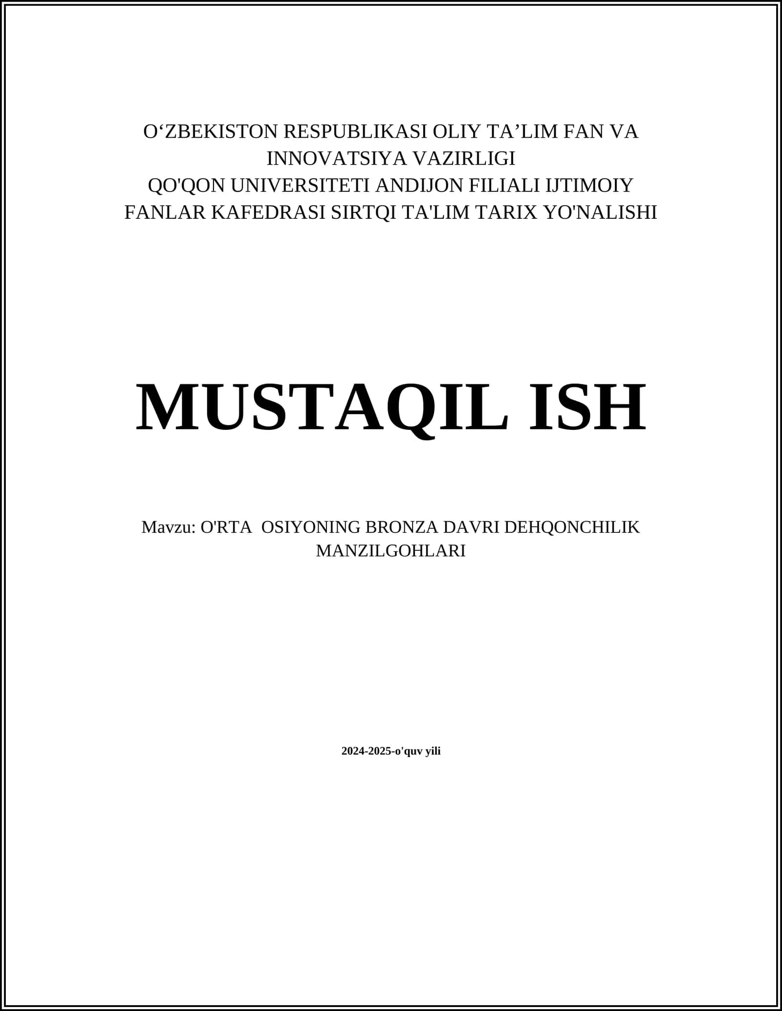 O'RTA OSIYONING BRONZA DAVRI DEHQONCHILIK MANZILGOHLARI