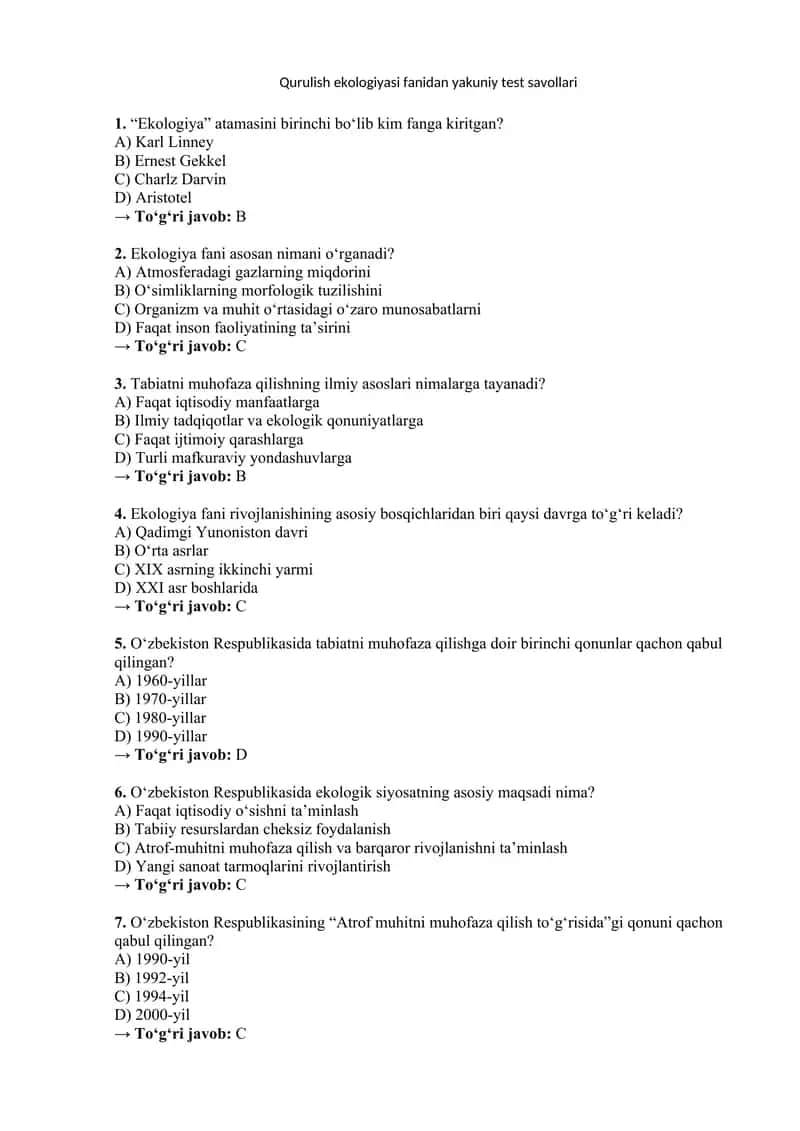Qurulish ekologiyasi fanidan yakuniy test savollari