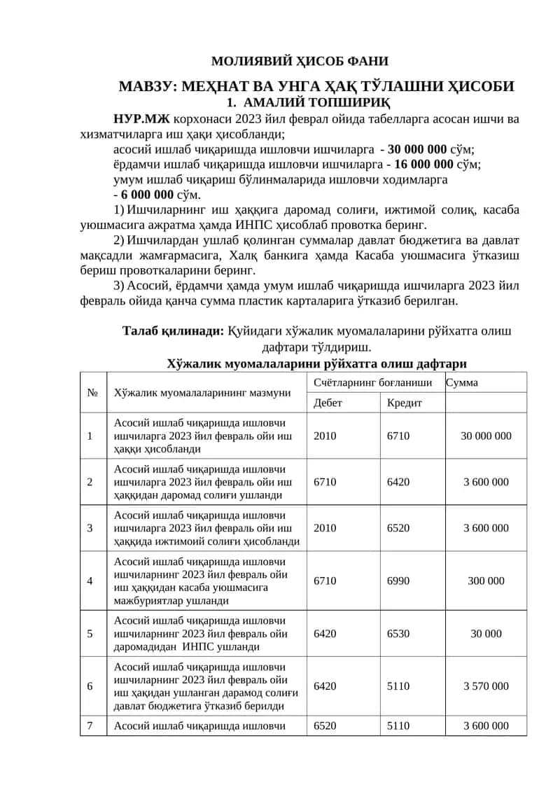 Мавзу: Меҳнат ва унга ҳақ тўлашни ҳисоби