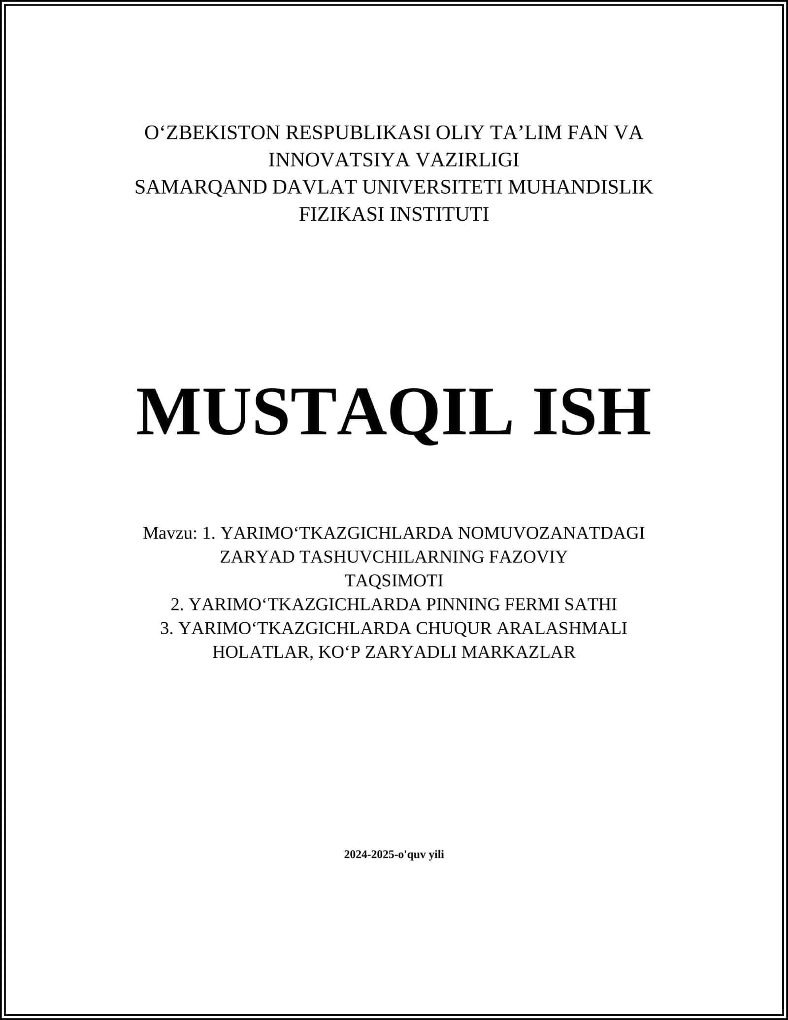 YARIMOʻTKAZGICHLARDA NOMUVOZANATDAGI ZARYAD TASHUVCHILARNING FAZOVIY TAQSIMOTI